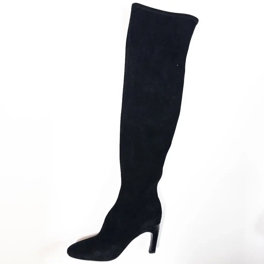 Tory Burch Over the Knee Stretch Boot Womens 7 Black Suede 80mm Snake Skin Heel - Picture 1 of 10